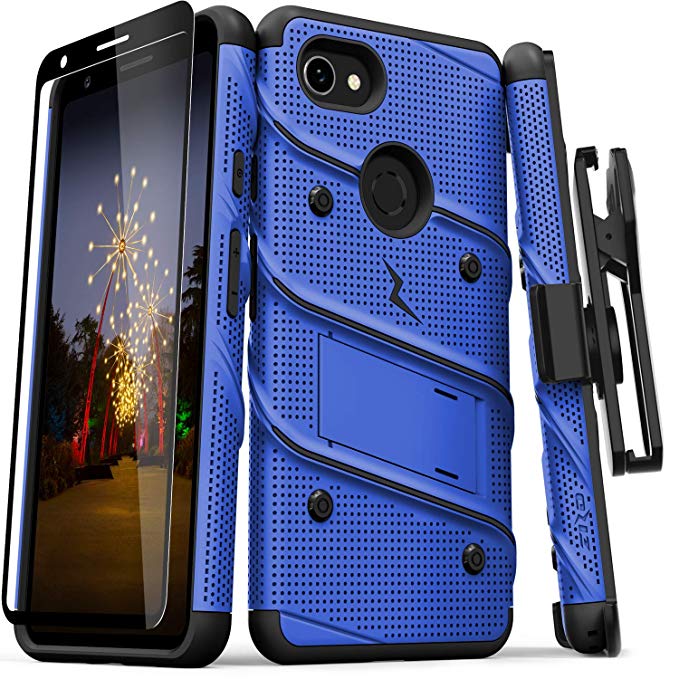 ZIZO Bolt Series Google Pixel 3a XL Case | Heavy-Duty Military-Grade Drop Protection w/Kickstand Included Belt Clip Holster Tempered Glass Lanyard (Blue/Black)