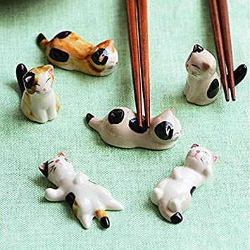 VANVENE Ceramic Ware Cute Cat Chopsticks Stand Rest Rack Porcelain Spoon Fork Holder Home Decor, 6 pcs (Mix and Match)