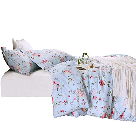 NTBAY 3 Pieces Duvet Cover Set Brushed Microfiber Floral Printed Pattern with Hidden Zipper, King, Light Blue by