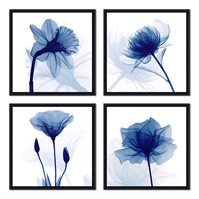 Pyradecor Black Framed Blue Flickering Flower Modern Abstract Paintings Canvas Wall Art Grace Floral Pictures on Canvas Prints 4 Panels Artwork for Bedroom Office Home Decorations