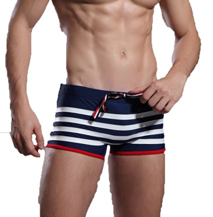 ByCang Men's Summer Strips Swimming Trunks Swimwear Elastic Fashion