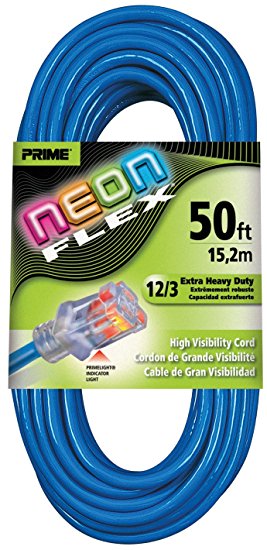 Prime Wire & Cable NS514830 50-Foot 12/3 SJTW Flex High Visibility Extra Heavy Duty Outdoor Extension Cord with Prime light Indicator Light, Neon Blue