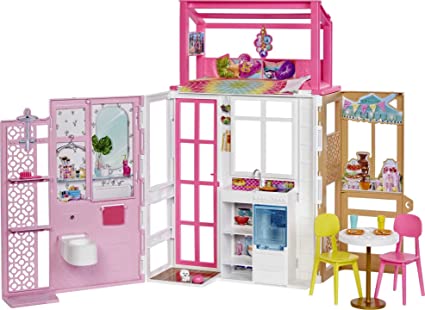 Barbie Dollhouse with 2 Levels & 4 Play Areas, Fully Furnished Barbie House with Pet Puppy & Accessories, Gift for Kids 3 Years Old and Up [Amazon Exclusive]