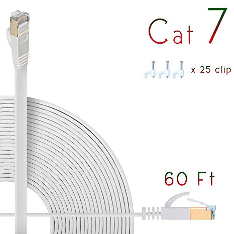 HanYun CAT7 Double Shielded (SSTP) 10 Gigabit 600MHz Ethernet LAN Network Flat Cable High Speed Patch Cord - Built with Gold Plated & Shielded RJ45 Connectors (66ft/20m, White)