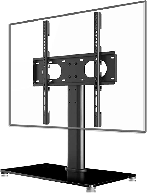 Suptek Universal Table Top TV Stand, Pedestal TV Stand for 17-55 inch Screens, Height Adjustable TV Base Stand with Tempered Glass Base and Wire Management, Holds up to 40kg, VESA 75/400mm