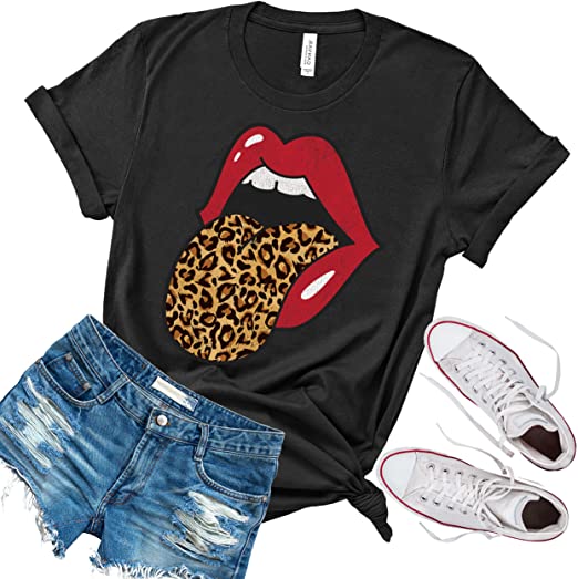 Red Lips Leopard Distressed Print Tongue T-Shirt | Cheetah Animal Print Trendy Graphic Tee | Unisex Sizing