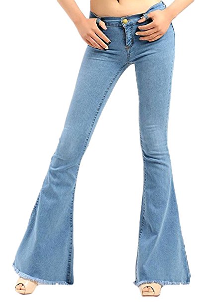 Chartou Women's Asymmetric Tassel Flared Slit Ripped Jeans Denim Pants
