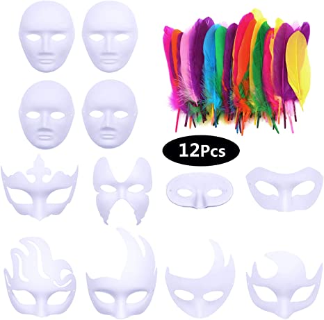 Aniwon White DIY Masks with Feathers, 12-Pack Paper Blank Plain Full Face Half Face Masks Natural Feathers Colors Set for Halloween Mardi Gras Cosplay Masquerade Dance Party