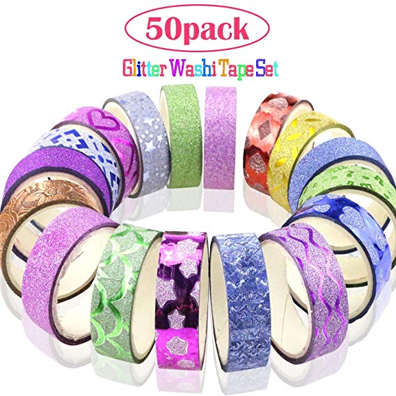 Buluri 50 Rolls Glitter Washi Tape Set, Decorative Craft Tape Collection for Christmas Gift, Scrapbooking, Arts, DIY Crafts, Gift Wrapping, Adhesive School Supplies