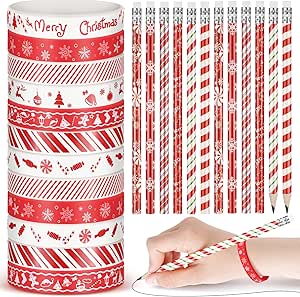 Sabary 48 Pcs Christmas Pencils Christmas Silicone Bracelets Set Christmas Party Favors Candycane Plaid Snowman Santa Tree Snowflake Pencils Xmas Wristbands Christmas Gifts(Candy,7.48 Inch Pencil)