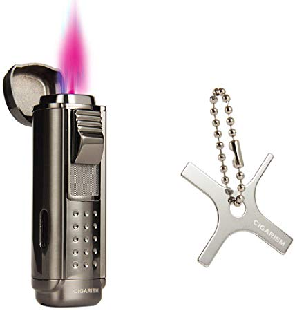 CIGARISM 4 Torch Red Flames Butane Gas Fluid Cigar Lighter with Cigar Punch Adjuster (Black)