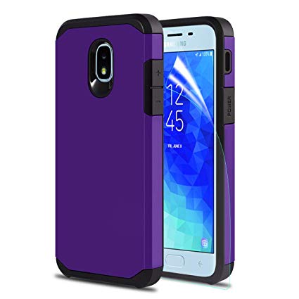 Samsung Galaxy J3 2018 Case,J3 Star/J3 Orbit/J3 Top/J3V J3 V 3rd Gen/J3 Express Prime 3/Amp Prime 3/Sol 3/Galaxy J3 Aura Case W HD Screen Protector Dual Layer Shockproof Protective Armor, Purple