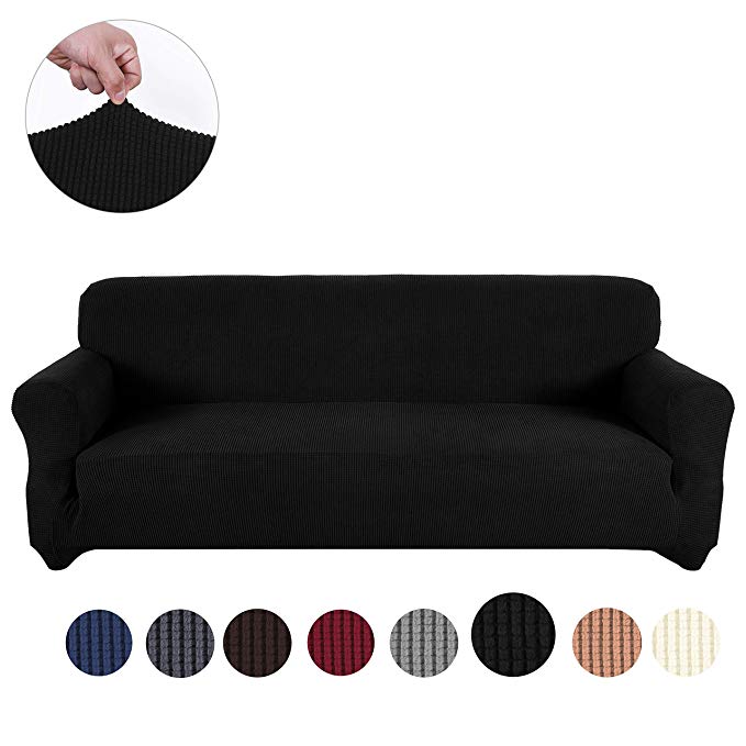 sancua Stretch Spandex Sofa Cover 3 Seat Couch Cover Anti-Slip Sofa Slipcover with Elastic Bottom for Living Room Furniture Protector Couch Slipcover for Dogs, Cats and Pets (Sofa, Black)