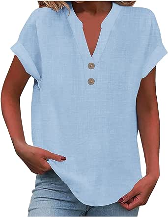 Women's Cotton Linen Cap Sleeve T-Shirt Half Button V Neck Tunic Tops Lounge Baggy Solid Color 2024 Summer Blouse