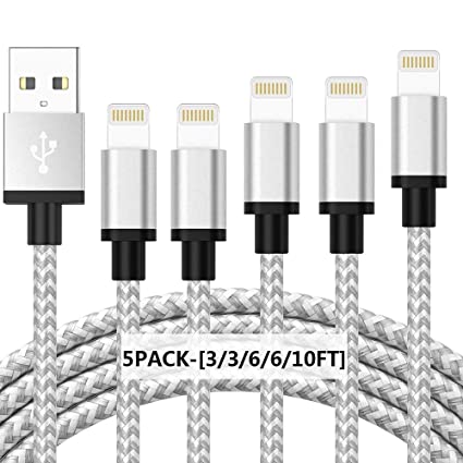 CredDeal MFi Certified iPhone Charger, Lightning Cable Pack of 5- [3/3/6/6/10FT] Nylon Braided Fast Charging Data Sync USB Cord Wire Compatible iPhone 12/11/Pro/Xs Max/X/8/7/Plus/6S/6/SE/5S (White)