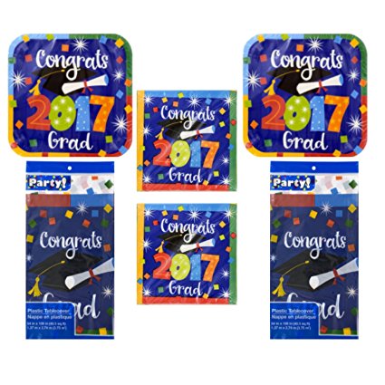 Graduation Party Kit 2017 Plates, Napkins,Tablecloth Graduation Supplies Serves 28 Blue Multi