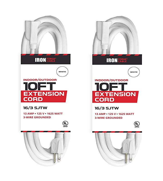 10 Ft White Extension Cord 2 Pack - 16/3 Durable Electrical Cable