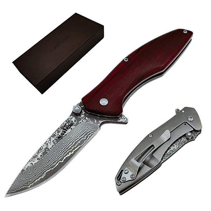 ALBATROSS Pocket Knife Red Sandalwood 7.25" Damascus Steel Knife Frame Lock Folding Knife 100% Prime Quality