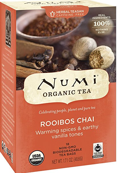 Numi Organic Tea Rooibos Chai, Caffeine Free Herbal Teasan, 18 Count non-GMO Tea Bags
