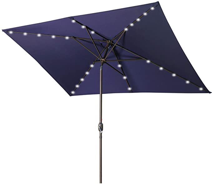 Aok Garden Solar LED Outdoor Umbrella,10x6.5 Feet Rectangular Patio Umbrella with Push Button Tilt and Crank Lift Ventilation,6 Sturdy Ribs Non-Fading Sunshade,Blue
