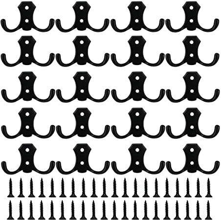 Fivebop 20 Pcs Coat Hooks Double Prong Wall Hooks Heavy Duty Retro Wall Mounted Towel Robe Hooks with 40 Screws for Hanging Clothes, Hats, Bags, Scraves, Keys, Towels(20Pcs-Black)