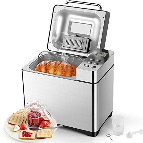 Automatic Bread Maker [2018 Upgraded], Aicok 2.2LB Fully Stainless Steel Professional Bread Machine with Dispenser (19 Programs, 3 Loaf Sizes, 3 Crust Colors, 15-Hour Delay Timer, 1H Keep Warm, Gluten Free Setting)