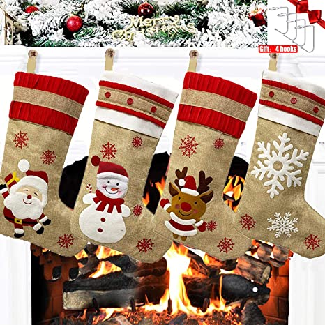 Astonlink Christmas Stockings with Holders, 18" Big 3D Embroidered Family Burlap Xmas Stockings with Holders for Christmas Decorations Hanging Ornament Kids Party (Brown-4 Stockings & Holders)