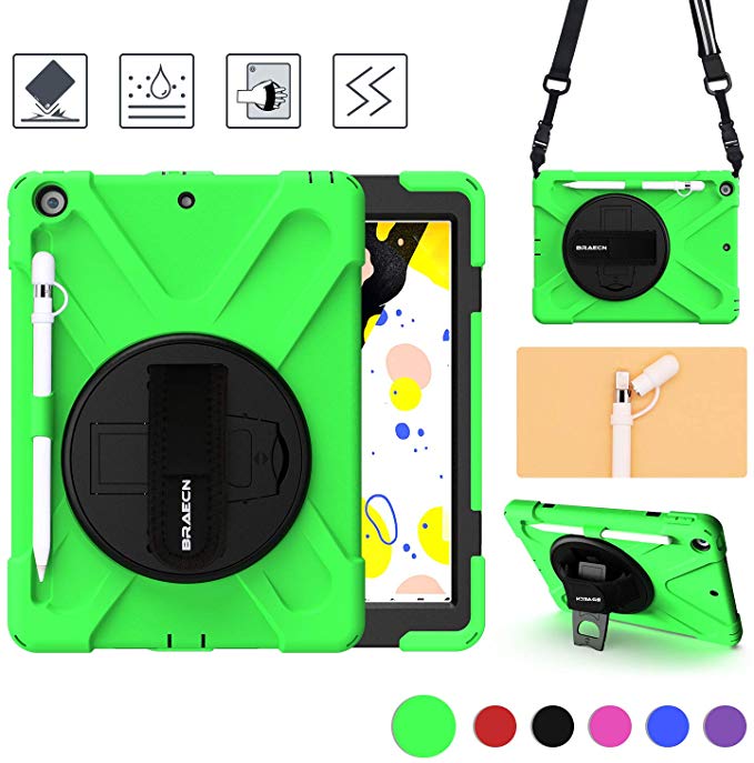BRAECN for iPad 7th Generation Case 2019,Heavy Duty Rugged Case with Pencil Holder,Pencil Cap Holder,Hand Strap,Swivel Kickstand,Shoulder Strap & Expandable Storage Pouch for iPad 10.2 case(Green)