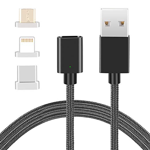 3 in 1 Magnetic Charging Cable, Upow Lightning Micro-USB Type C Nylon Braided Charging Data Cable with Detachable Connector for iPhone iPad Android & Type C Devices(1m/3.3ft)(Black)