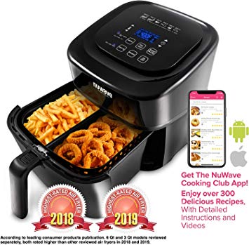 NUWAVE BRIO 6-Quart Digital Air Fryer includes basket divider, one-touch digital controls, 6 easy presets, wattage control, and advanced functions like SEAR, PREHEAT, DELAY, WARM and more