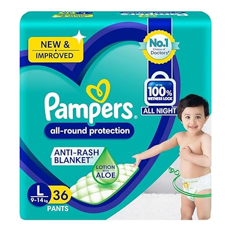 Pampers All round Protection Pants, Large size baby Diapers, (L) 36 Count,9-14 kg Lotion with Aloe Vera