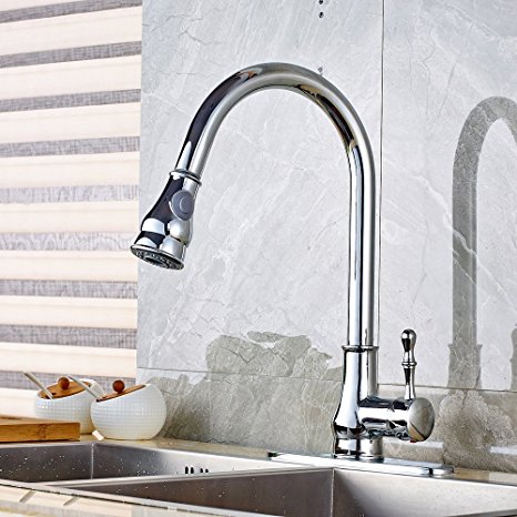 Votamuta Modern High Arch Stainless Steel Plumbing Spiral Single Handle Commercial Pull Out Sprayer Kitchen Sink Faucet, Chrome Pull Down Kitchen Faucet with Deck Plate