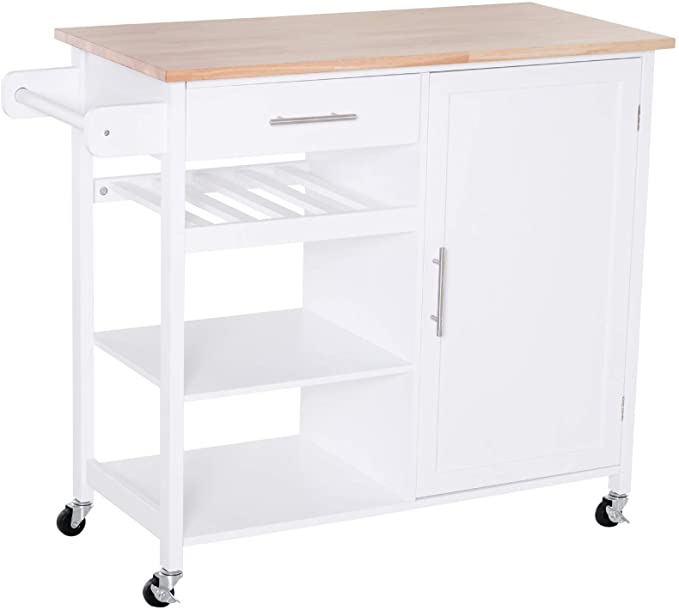 HOMCOM Rolling Kitchen Island Cart with Large Countertop, Display Wine Rack, Large Storage Cabinet, and Towel Bar