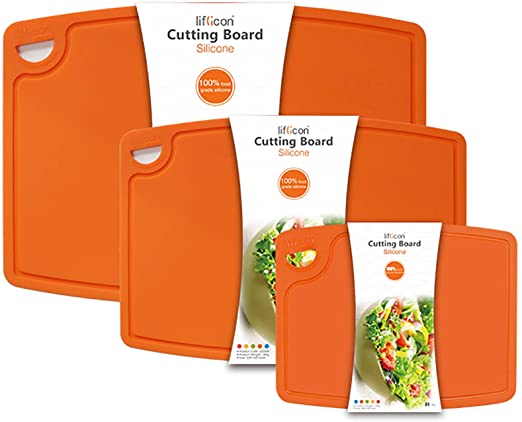Liflicon Thick Cutting Boards Set of 3pcs Large 14.6'' x 10.43'',Middle 12.6'' x 9.1”, Mini 9.1”x7.1” Juice Grooves Easy Grip Handle Dishwasher Safe for Kitchen,Chif-Orange