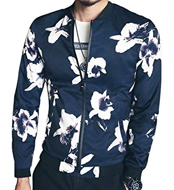 SUSIELADY Men's Bomber Varsity Jacket Baseball Coat Fashion Casual Floral Printed Long Sleeve Slim Fit Lightweight Sportswear