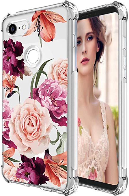 Google Pixel 3 Case,Pixel 3 Case with Flower,LUOLNH Slim Shockproof Clear Floral Pattern Soft Flexible TPU Back Cover for Google Pixel 3(Purple)