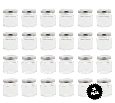 7Penn Mini Glass Jars with Silver Lids and Labels 24-Pack 1.5oz Ounce (45mL) – Small Hexagonal Jars Great as Honey Jars or for Foods and Crafts
