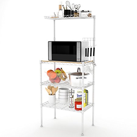 Lifewit 4-Tier Bakers Rack, Microwave Oven Stand with Hanging Hooks for Kitchen Storage, Carbon Steel, White