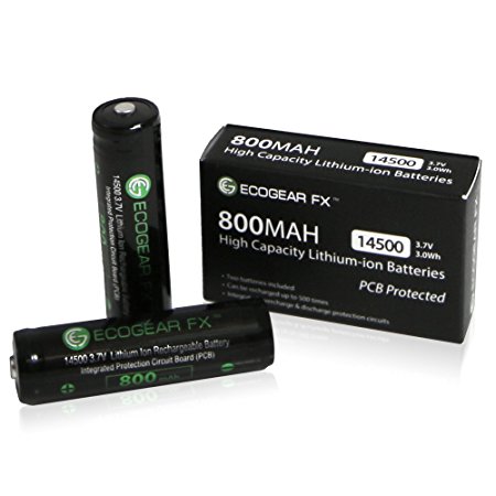 EcoGear FX 14500 800mAh Rechargeable Lithium-ion Batteries, 2-Pieces with Protection Circuit Board (PCB) Designed for Flashlights