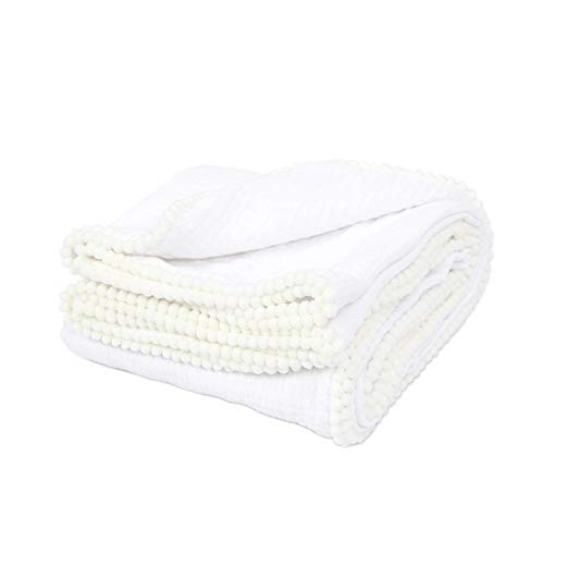 TILLYOU 2-Layer Muslin Swaddle Blanket with Pom Pom Trim, Unisex Cotton Baby Blanket for Cribs or Toddler Bed, Breathable Lightweight and Super Soft Stroller Blanket, White, 44x44