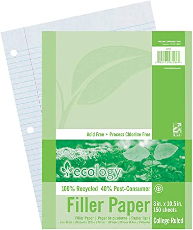 Ecology Recycled Filler Paper, White, 3-Hole Punched, 9/32" Ruled w/Margin 8" x 10-1/2", 150 Sheets