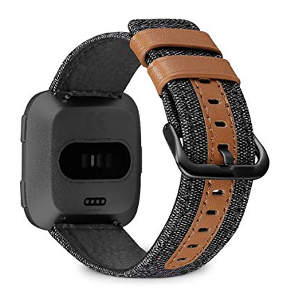 Jobese Bands Compatible with Fitbit Versa/Versa 2/Versa Lite/SE, Classic Canvas Fabric Straps with Genuine Leather Replacement Accessories Wristbands with Silver Black Buckle, Men Women