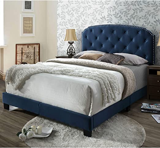DG Casa Wembley Tufted Upholstered Panel Bed Frame with Nailhead Trim Headboard, Queen Size in Blue Fabric