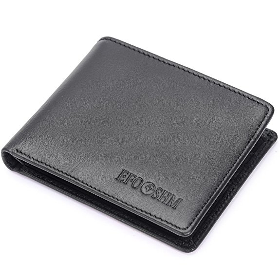 EFOSHM Black Genuine Men's Leather Wallet Purse with Credit Card Slot, ID Windows