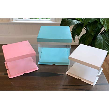Clear Cake Box carrier Packing - Cake Boxes - Transparent Gift Box with lid (2 Box Pack) (8.3x 8.3x 6.3, Blue)