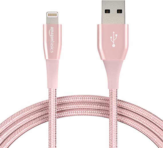 AmazonBasics Double Nylon Braided USB A Cable with Lightning Connector, Premium Collection, MFi Certified iPhone Charger, 6 Foot, Rose Gold