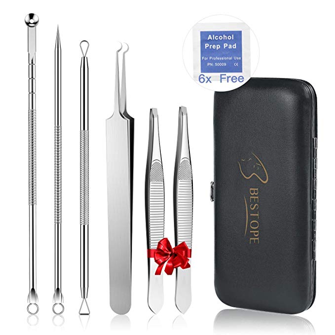 BESTOPE Blackhead Remover Eyebrow Tweezers Set 6PCS Acne Comedone Extractor Spot Blackhead Removal Pimple Zit Popper Tools Ingrown Hair Removal Tweezers Kit