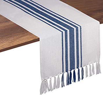 Native Fab Pure Cotton Table Runner Farmhouse 72 Inches Long - Wedding Table Runners with Fringes, Parties Rustic Bridal Shower Decor Dining Table Runners 14x72 Blue White