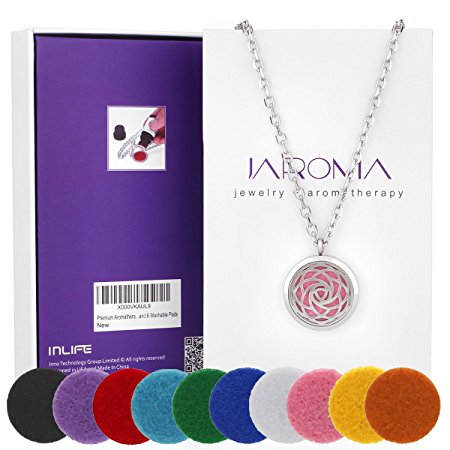 JAROMA Premium Rose Flower Aromatherapy Essential Oil Diffuser Necklace Locket Pendant, Hypo-allergenic 316L Surgical Grade Stainless Steel Jewelry with 24" Chain and 10 Washable Pads