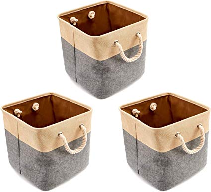 BeigeSwan Foldable Canvas Fabric Storage Basket [Set of 3] Collapsible Organizer Bins Cubes with Cotton Rope Handles - 13 x 13 x 13 inches (Gray/Beige)